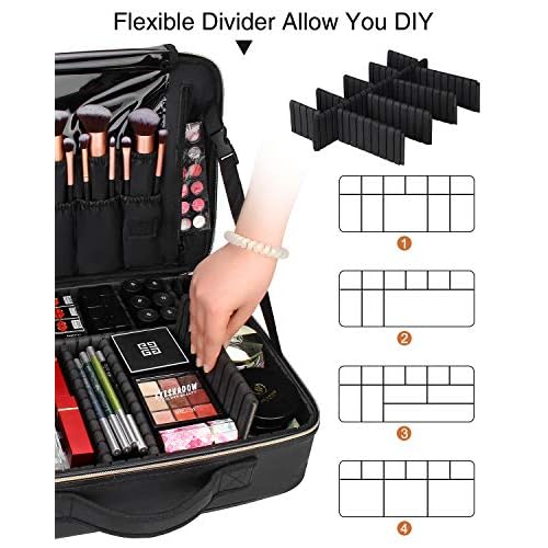 Relavel Makeup Case Large Makeup Bag Professional Train Case 16.5 inches Travel Cosmetic Organizer Brush Holder Waterproof Makeup Artist Storage Box, Large Capacity (Leather Black)