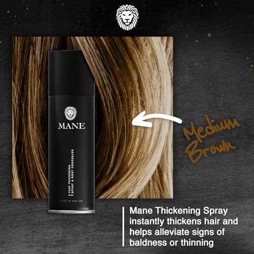 Mane Hair Thickening Spray & Root Touch Up, Instantly Thicker Hair for Men & Women, Fill in Hairlines and Hide Thinning and Fine Patches - Medium Brown, 12 Colors (6.76 oz)