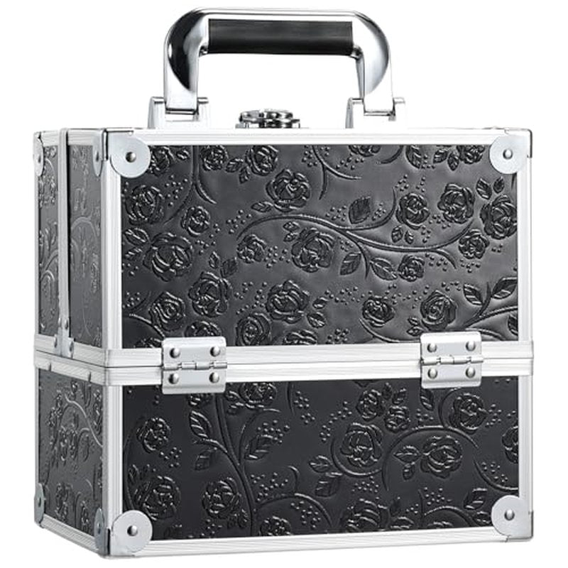 FRENESSA Makeup Train Case Cosmetic Box Portable Makeup Case Organizer 4 Trays Travel Case Storage with Dividers Lockable for Make up Artist Crafter Nail Kits Tools Black Floral
