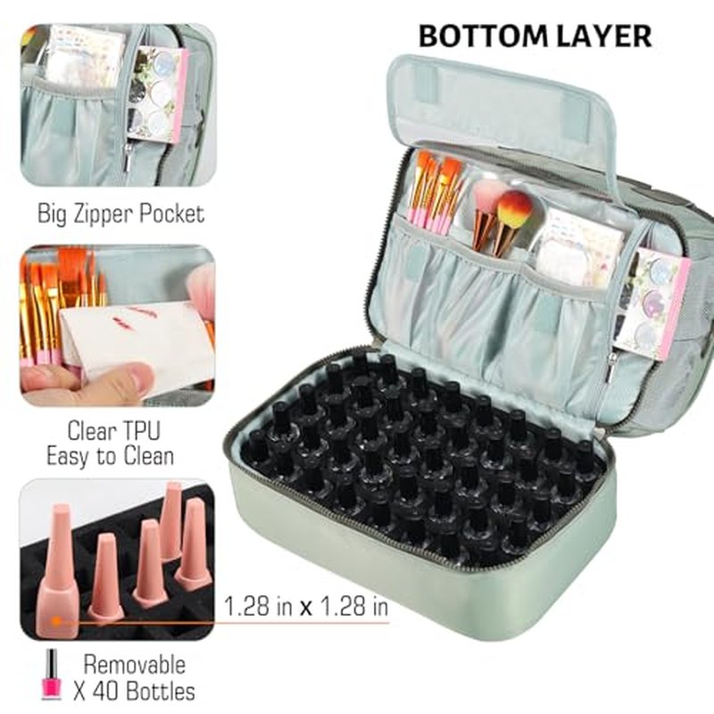 Nail Polish Organizer Case Fits Nail Lamp and 50 Bottles,Quilted Nail Organizers and Storage for Nail Tech,Water Proof Nail Polish Storage Bag Fits Nail Kit Manicure Tools (Patented)-Green