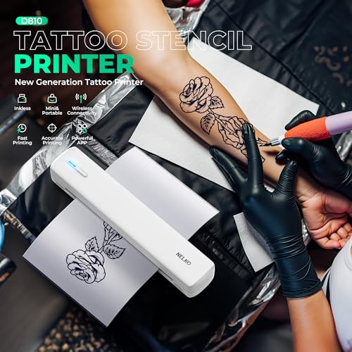 Nelko Tattoo Stencil Printer, D810 Wireless Thermal Tattoo Printer with 10pcs Tattoo Transfer Papers, Portable Tattoo Machine for Artist & Beginners, Compatible with Phones, Tablets & PC, White