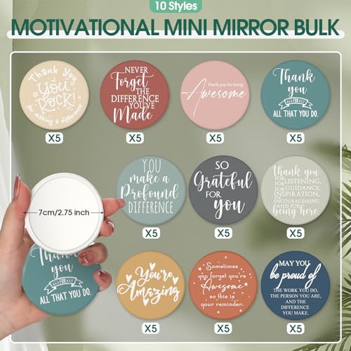 Kigley 50 Pcs Inspirational Compact Mirrors Bulk Employee Appreciation Gifts Round Pocket Mirror for Women Portable Makeup Mini Mirror for Coworker Vet Tech Week Nurse Medical Assistant Christmas