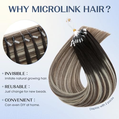 Hairro Microlink Human Hair Extensions Remy Highlight Pre Bonded Cold Fusion Keratin Glue T Tip Hairpieces For Women 16 Inch 50g 50 Strands #1BT4P60