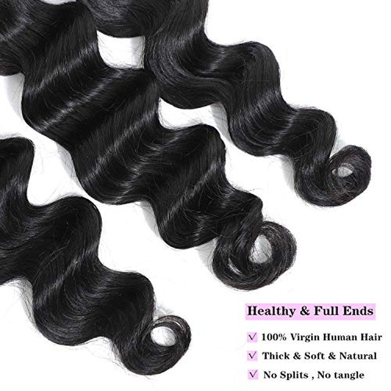 9A Peruvian Loose Deep Wave Bundles with Closure, Peruvian Virgin Hair Long Loose Deep Hair 3 Bundles with 4x4 Top French Lace Closure with Baby Hair ¡¦ (12/14/16+10 Inch, 3 Bundles+Free Part Closure)