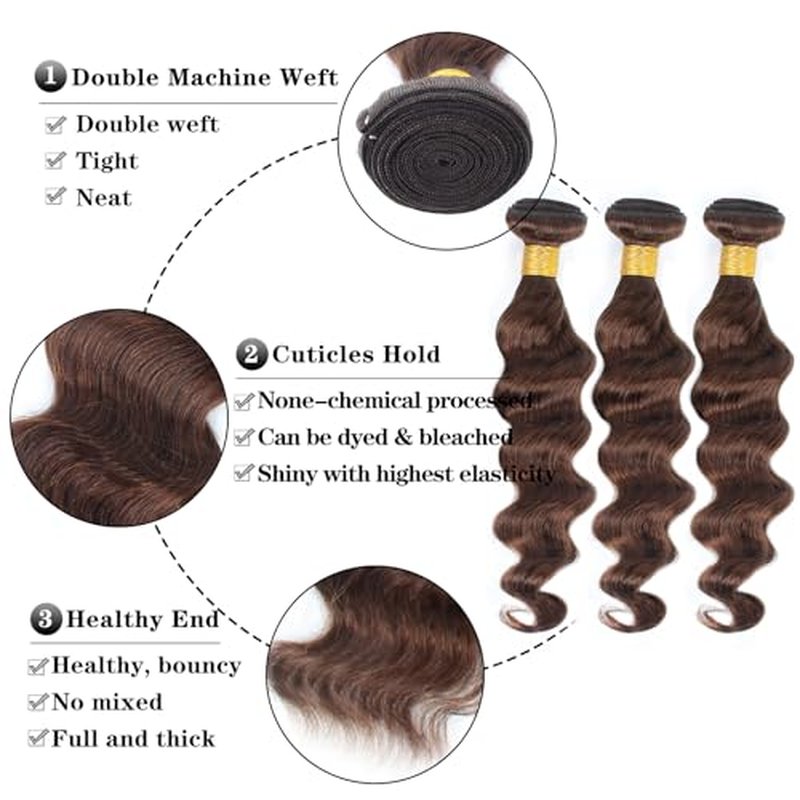 Brown Bundles Human Hair Loose Wave Human Hair 3 Bundles (#4, 16 18 20) 12A 100% Unprocessed Brazilian Virgin Hair Loose Deep Wave Remy Human Hair Extension 4# Color