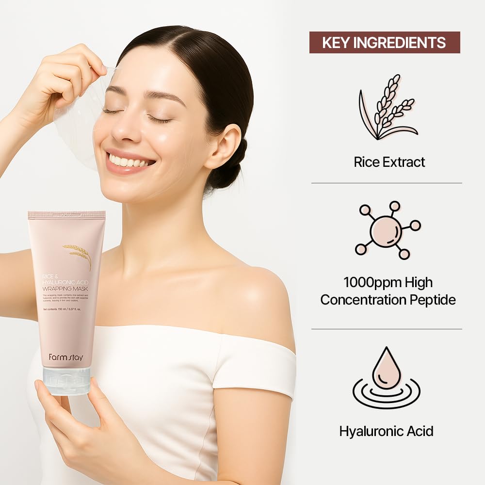 FARMSTAY Rice & Hyaluronic Acid Real Wrapping Face Mask (5.07 fl oz) - Peel Off Facial Mask for Glass Skin Glow, Instant Makeup Ready Canvas, Deep Hydration, Spatula Included