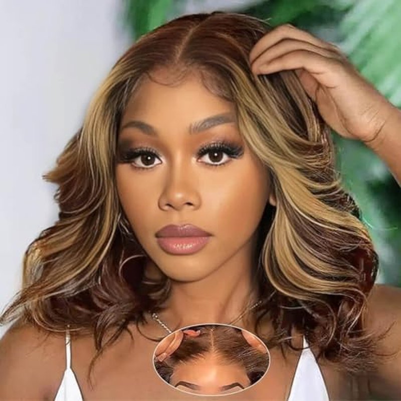 ISEE Wear Go Glueless Wigs Human Hair Pre Plucked Pre Cut Short Bob Body Wave Lace Front Wigs Human Hair for Women Upgraded Glueless Bob Wig 7x5 HD Lace Closure Wigs (Highlight Ombre, 12 Inch)