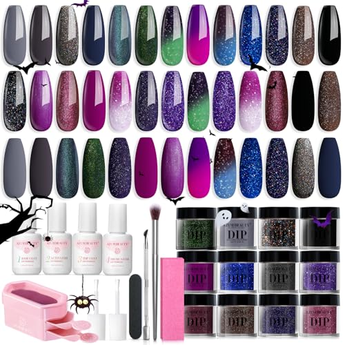 AZUREBEAUTY Dip Powder Nail Kit Starter Color Changing Glitter 20 Colors Magic Special Effect Dipping Powder Liquid Set with Base/Top Coat Activator for French Nails Manicure DIY Salon