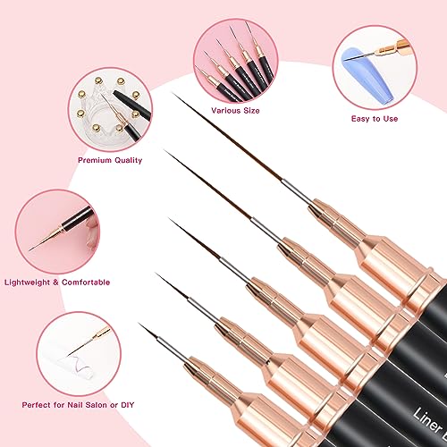 Metallic Nail Art Brushes, 5Pcs Liner Brush Set, UV Gel Polish Painting Art Design Pen for Long Lines, Thin Details, Fine Drawing Sizes 4/8/12/20/25mm(Black)
