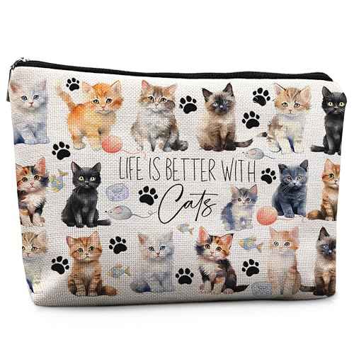 Life is Better with Cats Cosmetic Bag - Cute Cat Stuff, Makeup Bag & Toiletry Pouch for Cat Lovers