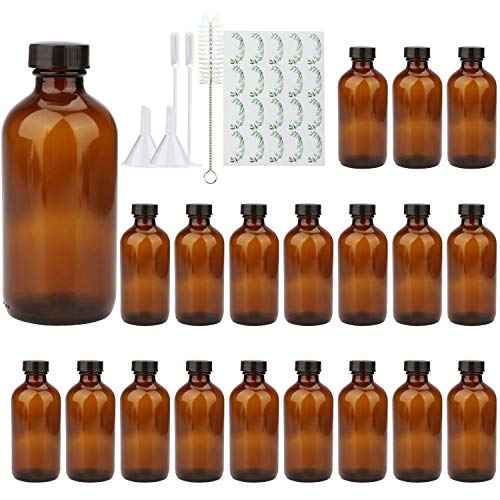 8oz Durable Glass Bottle, Reusable Glass Bottles with Airtight Lid for Shampoo, Conditioner, Essential Oils, Set of 20 (Brown)