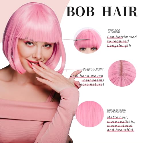 SUKRI Pink Bob Wig With Bangs - Short Straight Bob Bangs Wig, 12Inch Heat Resistant Synthetic Hair, Natural Looking For Daily Party Use