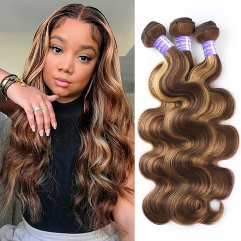 Perstar Ombre Highlight Body Wave Bundles Human Hair Honey Blonde 4/27 Human Hair Bundles 18 20 22 Inches Soft and Healthy 100% Unprocessed Brazilian Virgin Remy Hair Weft
