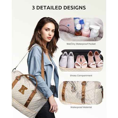 Initial Duffle Bag with Shoe Compartment, Personalized Weekender Bag, Monogram Overnight Bag for Women with Trolley Sleeve & Wet Pocket, Letter Travel Bag with Makeup Bag (Letter K)