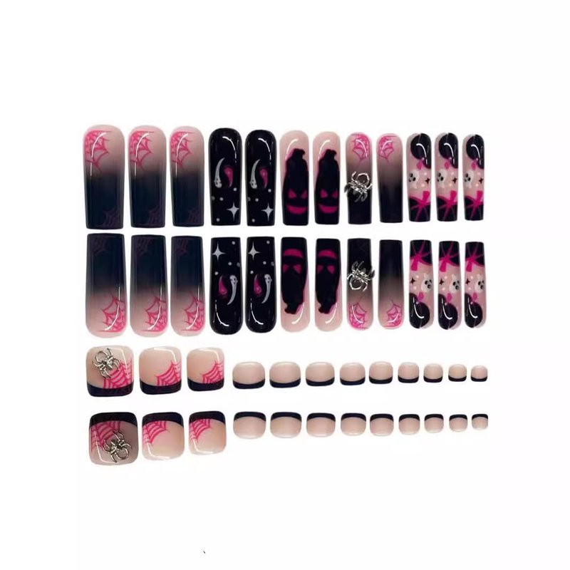 48pcs Long Coffin Press on Nails and Toes Nails Halloween French Tip Black Fake Fingers Toe Nail Tips Press ons Spider Charm Glue on Toe Nails Square Ghost Summer False Toe Nails for Women and Girls