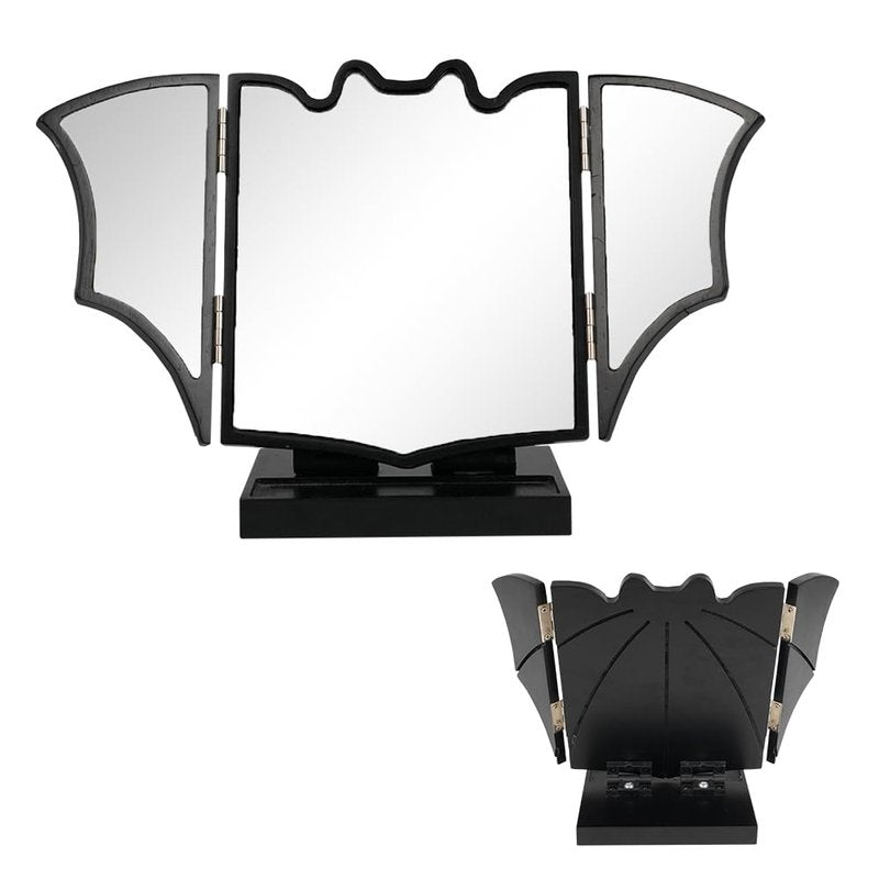 Gothvanity Gothic Bat Trifold Vanity Mirror - Adjustable Panels Spooky Dark Aesthetic Makeup Mirror, Solid Wooden with Storage Tray, Dressing Table Decor for Goth Enthusiasts