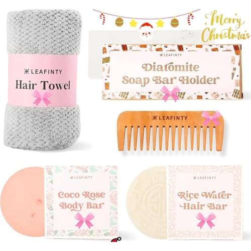 Bath Set for Women Christmas Beauty Spa Relaxation Kit: Includes Rice Shampoo Bar, Body Wash Bar, Soap Bar Holder, Wide-Tooth Hair Comb, and Microfiber Hair Towel ? Perfect Bath Xmas Gifts for Women