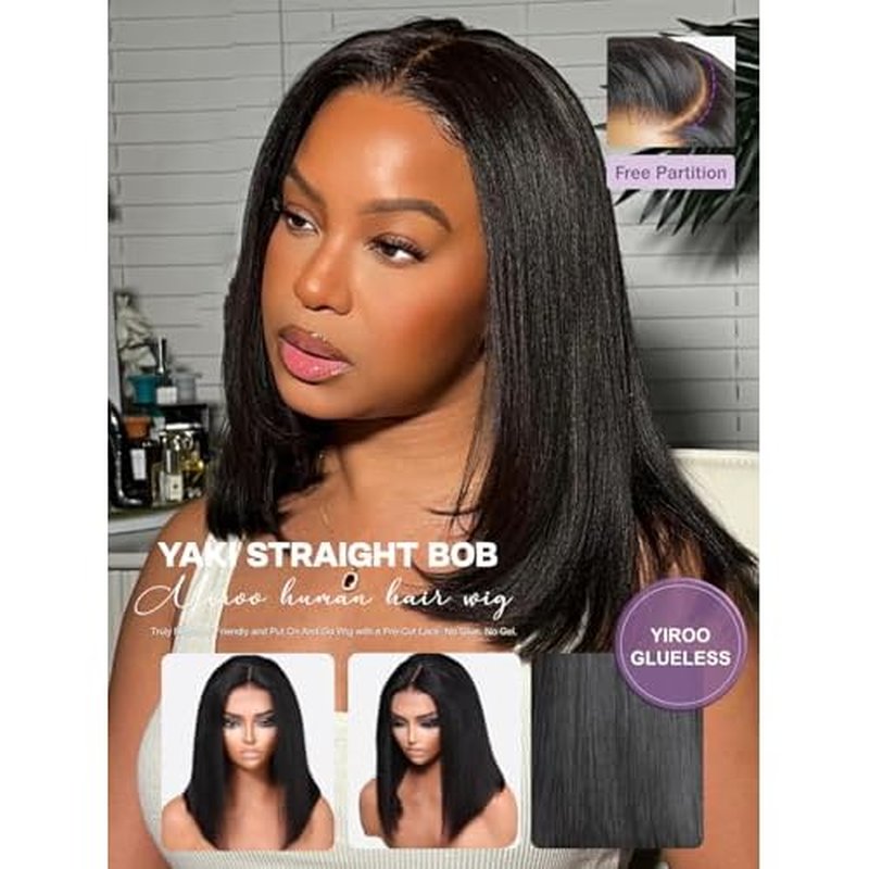 YIROO Yaki Straight Bob Human Hair Drawstring Wigs Pre Cut 7x5 HD Lace Front Wig Bye Bye Knots Glueless Yaki Short Bob Human Hair Wigs Pre Plucked Invisible Knots 150% Density Ready to Go 10Inch