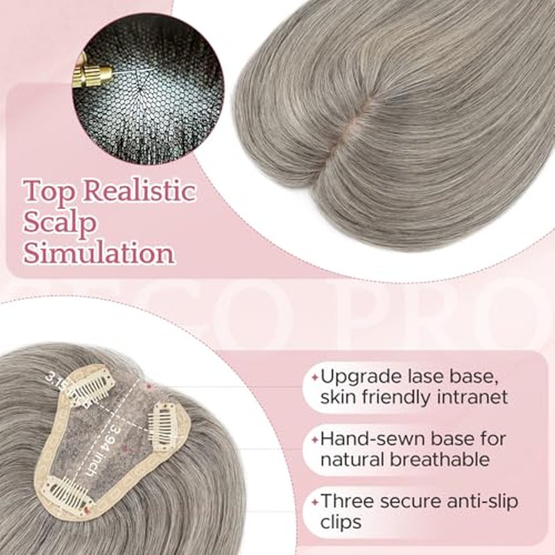 Hair Toppers for Women Real Human Hair with No Bangs 3.1¡¿3.9 Inch Silk Base Clip-In Topper Natural Looking Hairpieces for Women£¨12 Inch,Light Grey£©