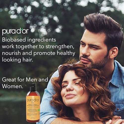 PURA D'OR 16 Oz MD Anti-Hair Thinning Maximum Defense Shampoo - 0.5% Coal Tar, Biotin, Proprietary Herbal Blend For Dry & Itchy Scalp, No Sulfates - For Men & Women