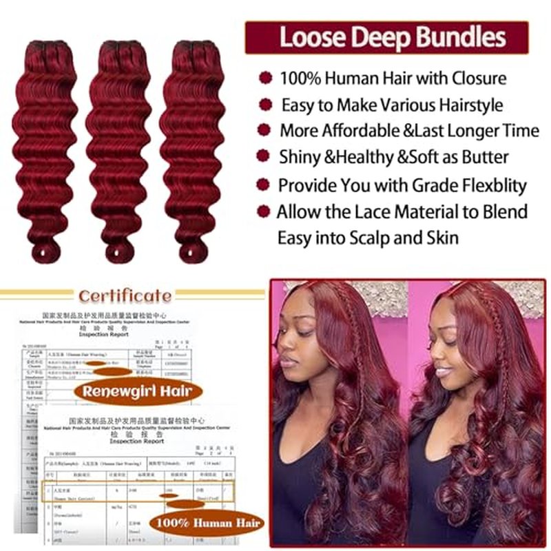 Burgundy Bundles Human Hair with Closure Loose Deep Wave 14 16 18+14inch Raw Quick 99j Red Colored Bundles with 4x4 HD Lace Closure Human Hair