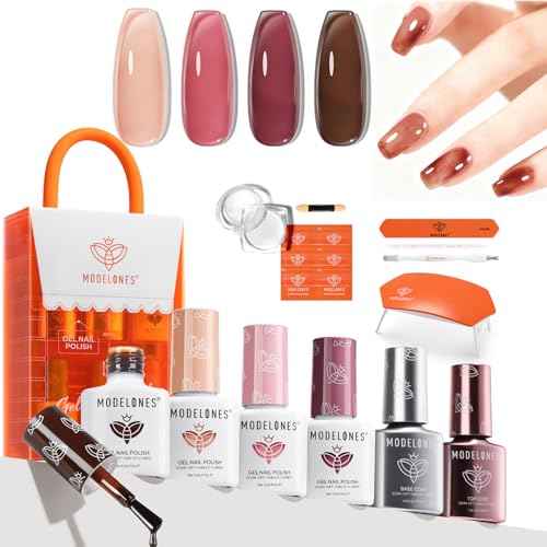 Modelones Jelly Gel Nail Polish Kit with UV Light, Fall Sheer Pink Nude Red Brown Jelly Gel Polish with Base Top Coat Pearl Chrome Powder 4 Transparent Colors Mini Salon Nail Art Gift for Women Girls