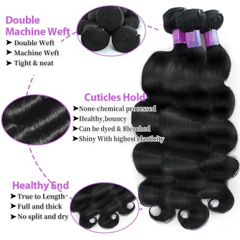 Body Wave Bundles Human Hair 20 22 24 Inch Human Hair Bundles 100% Unprocessed 12A Brazilian Virgin Hair Extensions for Women Natural Black
