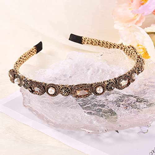 YARN & INK Gold Rhinestone Pearls Headbands for Women Girls, Non Slip Bling Headband Hair Accessories Retro Christmas Gift (Baroque Champagne)
