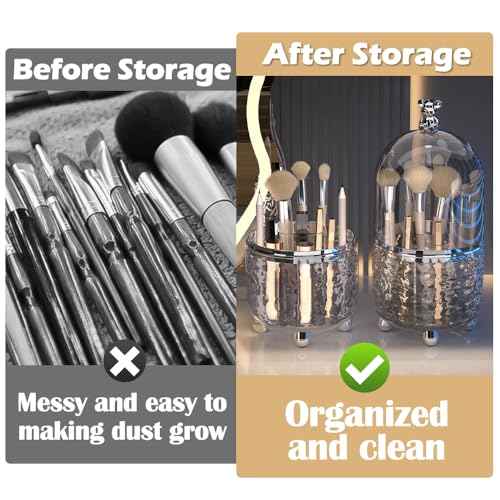 Makeup Brush Holder Organizer with Lid, 360¡ÆRotating Dustproof Makeup Brushes Organizer, 4 Compartment Make Up Brushes Cup for Vanity Desktop Bathroom Countertop (Transparent)
