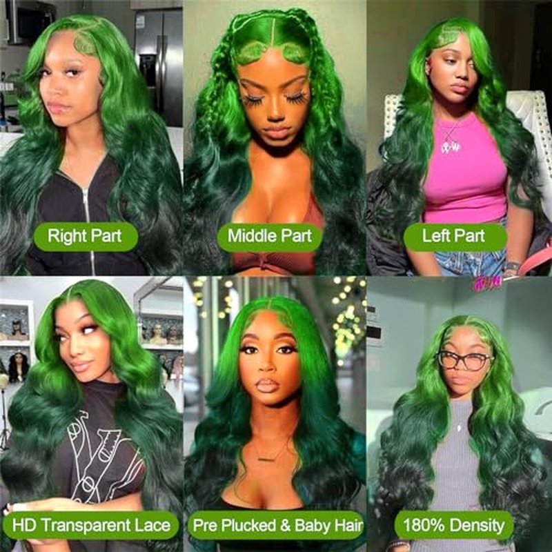 Ombre Green Lace Front Wigs Human Hair Body Wave 13x4 HD Glueless Lace Front Wig 3 Tone Light to Dark Green Colored for Fashion Women 180% Density 20 Inch