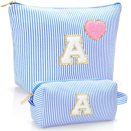 Initial Makeup Bag Personalized Preppy Cosmetic Bag Trendy Toiletry Travel Bag For Teen Girls Kids Women Letter Makeup Pouch Purse Holiday Gifts Birthday Christmas Gifts 2pack (A, Blue)