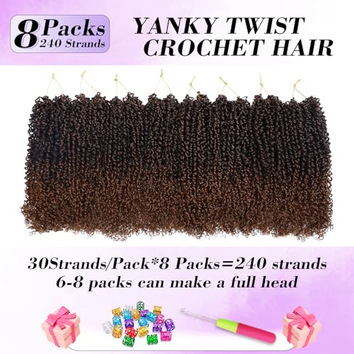 Yanky Twist Crochet Hair for black women 14 Inch 8 Packs 30 Stands/Pc,Pre-looped Fluffy Spring Mini Twist Passion Twist Ombre Brown Synthetic Crochet Braids Braiding Hair(14 Inch, T30-8P)