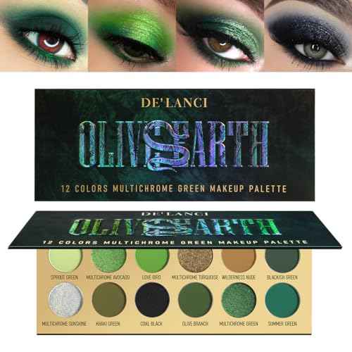 DE'LANCI Olive Green Eyeshadow Palette Multichrome, Ultra-Pigmented Brown Green Eye Shadow for Green Eyes Makeup, Matte Shimmer Dark Lime Emerald Eyeshadow Pallet for Festival Cosplay Halloween Makeup