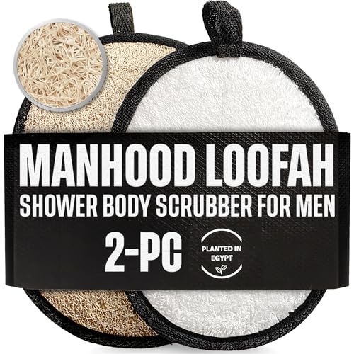 Loofah Body Scrubber for Men ? Body Wash & Scrubbing Luffa, Rugged Yet Gentle Lufas for Smoother & Healthier Skin, Terry Cloth Pad for Manly Skin Care, Black & White Masculine Design Loufas Sponge