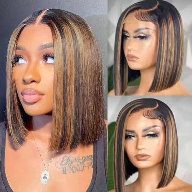 Stylish Highlight Bob Wig 1b30 Human Hair 13x4 Frontal Lace Preplucked Colored Bob Wigs Transparent Lace Short Style Bobbing Wig (13X4 1b30 BOB, 14 INCH)