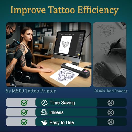 Bagana Thermal Tattoo Stencil Printer, M500 Wireless Bluetooth Tattoo Printer Machine with 10pcs Transfer Paper, Portable Stencil Machine Kit for Tattooing Compatible with Phones, Tablets & PC