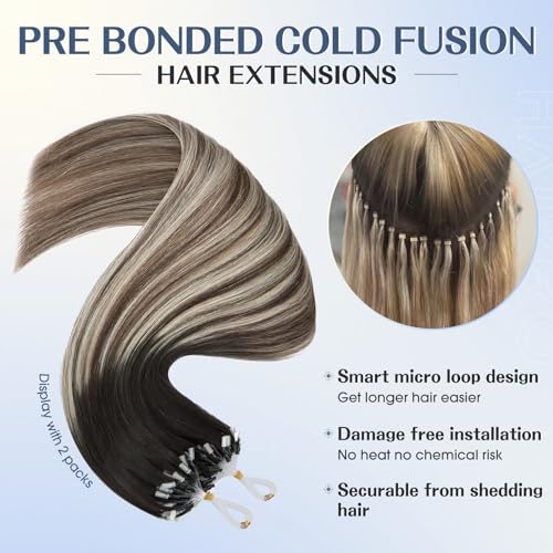 Hairro Microlink Human Hair Extensions Remy Highlight Pre Bonded Cold Fusion Keratin Glue T Tip Hairpieces For Women 16 Inch 50g 50 Strands #1BT4P60