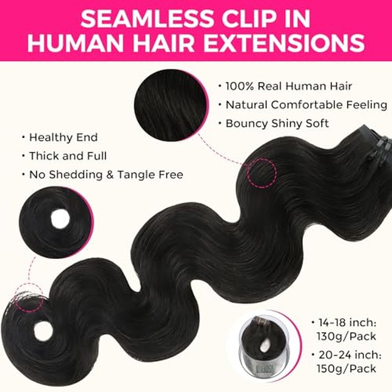 Lashey Seamless Clip in Hair Extensions Human Hair Body Wave 130g 9pcs Natural Black 18 Inch Clip in Hair Extensions Human Hair PU Clip ins with Invise Edge for Women
