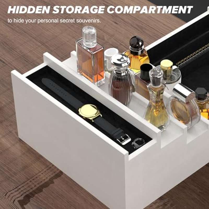 Cologne Organizer for Men, 4 Tier White Wood Perfume Organizer with Felt Lining Drawer and Hidden Compartment, Perfume Display Holder, A Gift for Men
