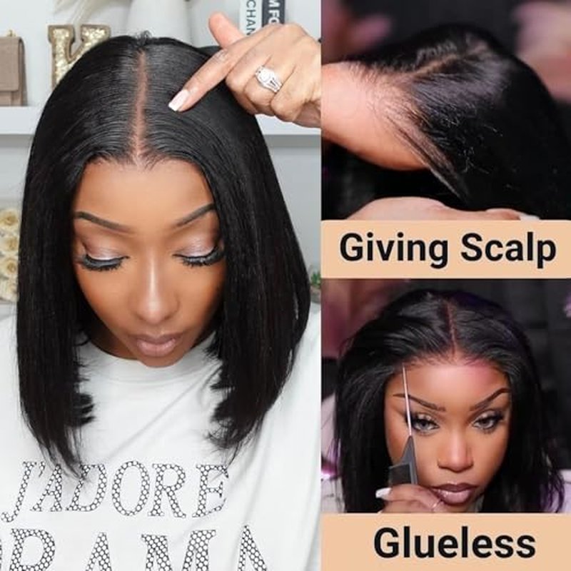 Julia Hair 10 Inch Light Yaki Straight Bob Wig 100% Human Hair Glueless Bye Bye Knots 7x5 Hd Lace Pre Cut Plucked Short Wig Natural Color Straight Bleached Knots Side Part Black Wigs
