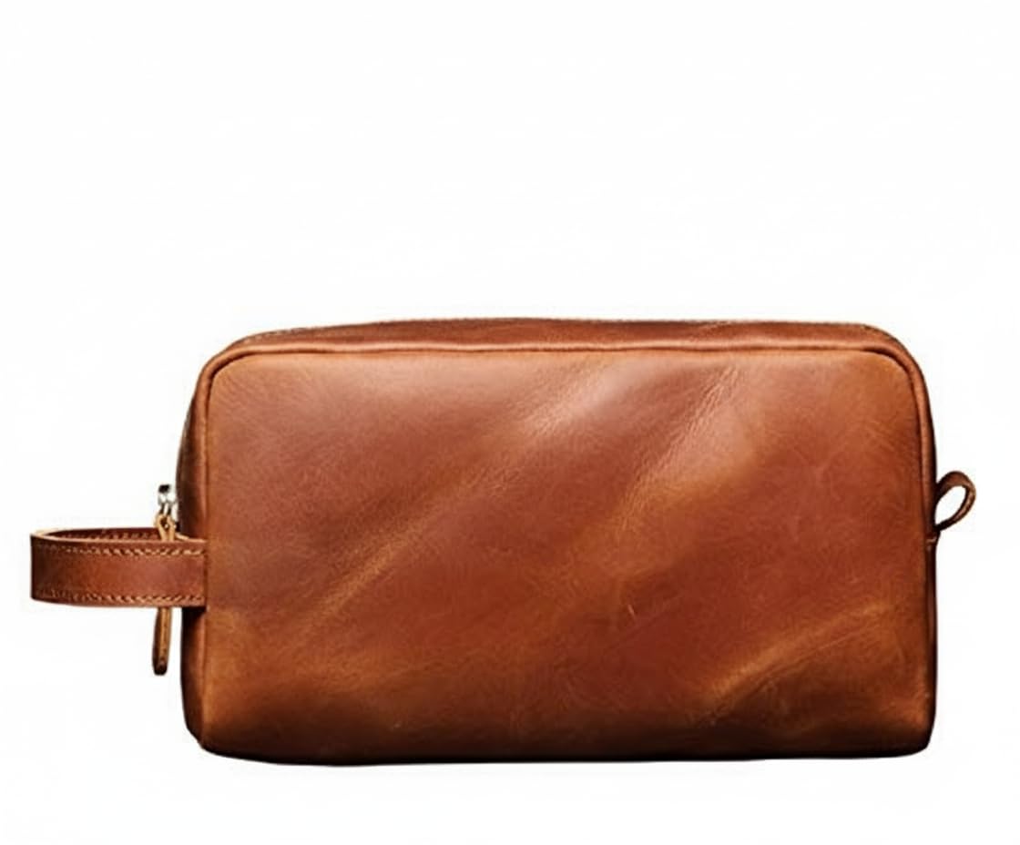 The Tannery Genuine Leather Toiletry Bag For Men & Women, Lightweight Pouch For Unisex, Durable Makeup Kit Bag, Best Gift For Father's Day, Stylish Travel Organizer, Thanks Giving (Tan Brown)