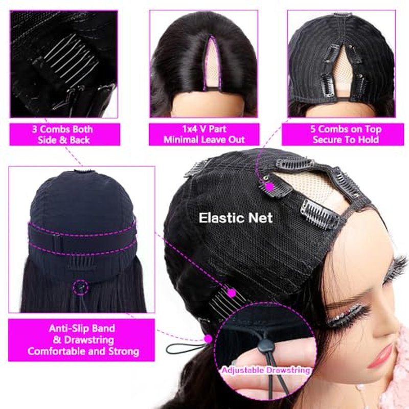 Xagujpo Glueless V Part Wig Human Hair Body Wave for Black Women Upgrade U Part Human Hair Wig 100% Beginner Friendly No Sew In No Glue 180% Density Natural Color (20 inch)