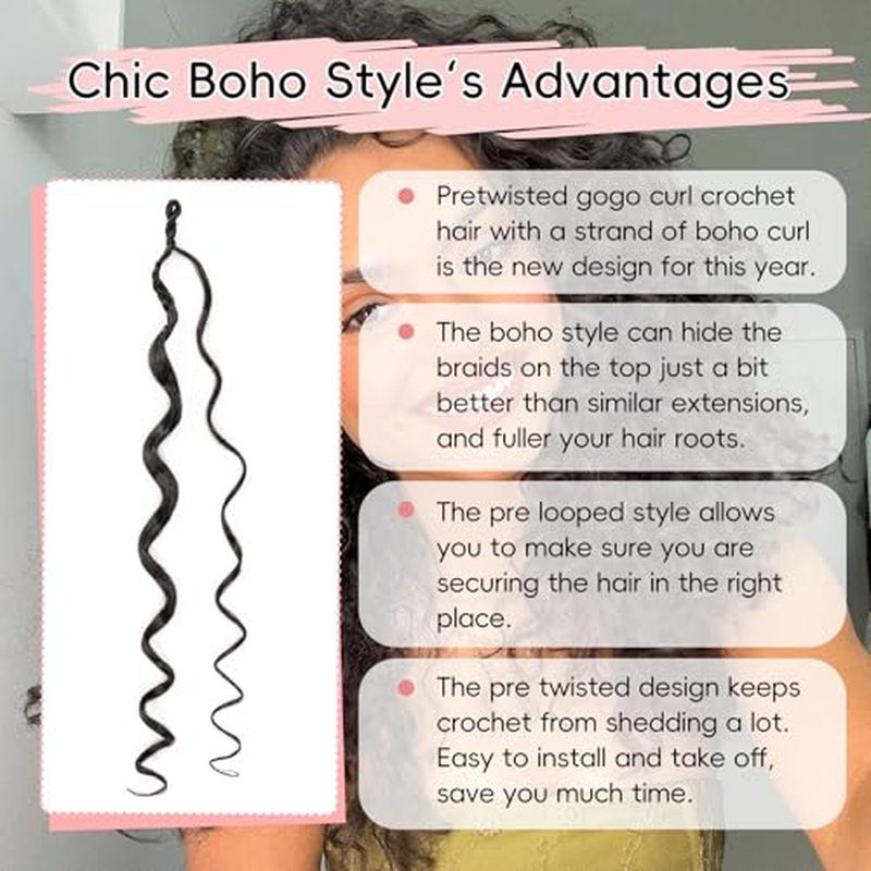 8 packs GoGo Curl Crochet Hair Pre twisted 14 Inch Curly Crochet Hair for Women Pre looped Boho Box Braids with Curly Ends Beach Curl Water Wave Synthetic Hair Extensions 1B