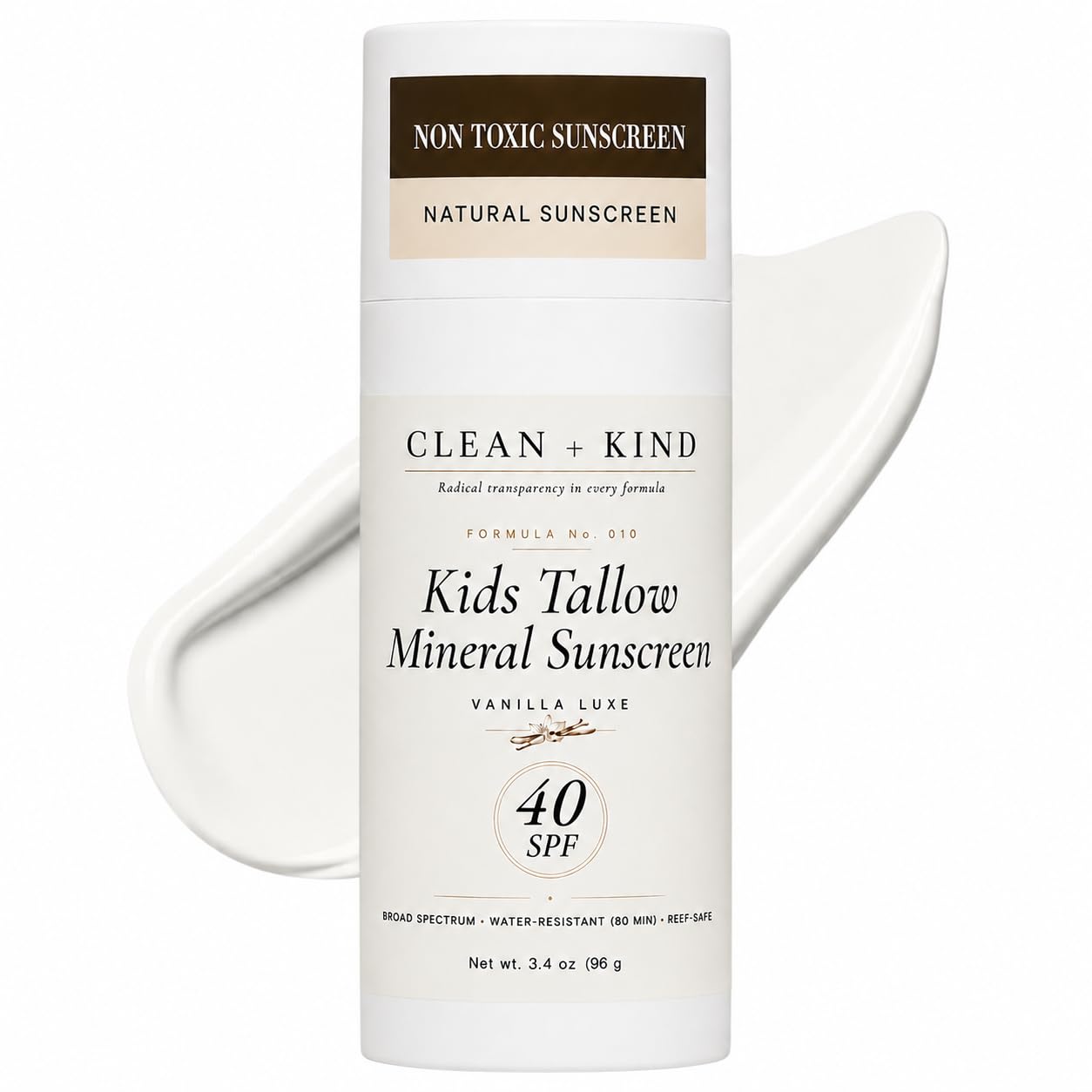 Clean + Kind Kids Sunscreen Mineral SPF 40 Vanilla — Non Toxic Baby & Toddler Sunblock with Non-Nano Zinc Oxide, Grass-Fed Tallow, Natural Reef-Safe Sun Lotion, No White Cast for Sensitive Skin