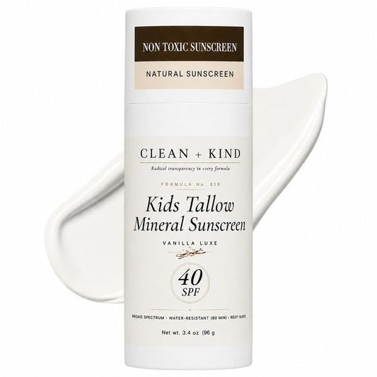 Clean + Kind Kids Sunscreen Mineral SPF 40 Vanilla — Non Toxic Baby & Toddler Sunblock with Non-Nano Zinc Oxide, Grass-Fed Tallow, Natural Reef-Safe Sun Lotion, No White Cast for Sensitive Skin