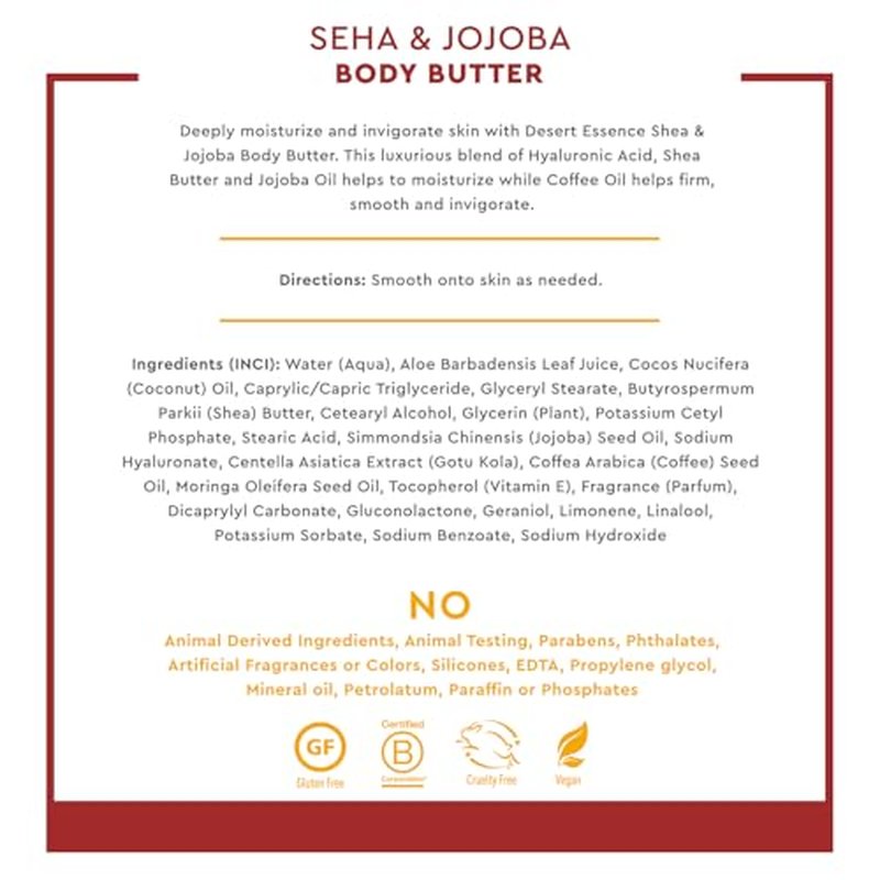Desert Essence, Shea & Jojoba Body Butter 7.5oz, Hyaluronic Acid & Coffee Oil, Deeply Moisturizing and Nourishing, Antioxidant Rich, Moisture Rich Botanicals Shea Butter & Jojoba Oil