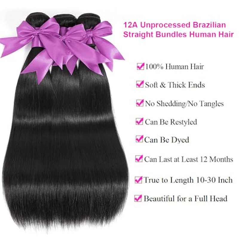 12A Straight Bundles with Closure Human Hair 18 20 22+16 Inch 100% Unprocessed Virgin Brazilian Straight Human Hair Weave 3 Bundles Deals with 4x4 HD Lace Closure
