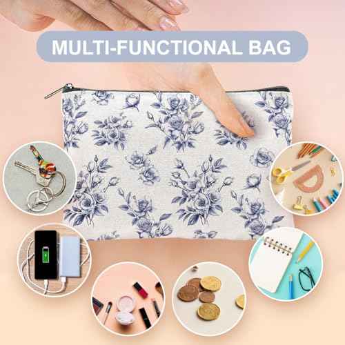 4Pcs Flower Makeup Bags 5.91x9.06 inch Orchid Roses Daisy Canvas Cosmetic Bags with Zipper Canvas Travel Toiletry Pouches for Women Party Shopping Home Travel Accessories