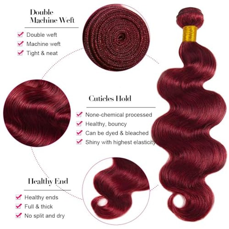 99j Human Hair Bundles Burgundy Body Wave Bundle Unprocessed Brazilian Virgin Human Hair Extensions Burgundy Bundles 26 28 30 Inch