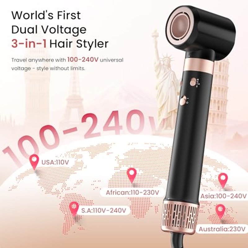 Dual Voltage 3 in 1 Hot Hair Styler ? High-Speed Hair Dryer with Air Wrap for Women with Extra Long Barrel Air Styler, European Hair Tools Styling, Fast Drying and Quick Styling, Travel Case.